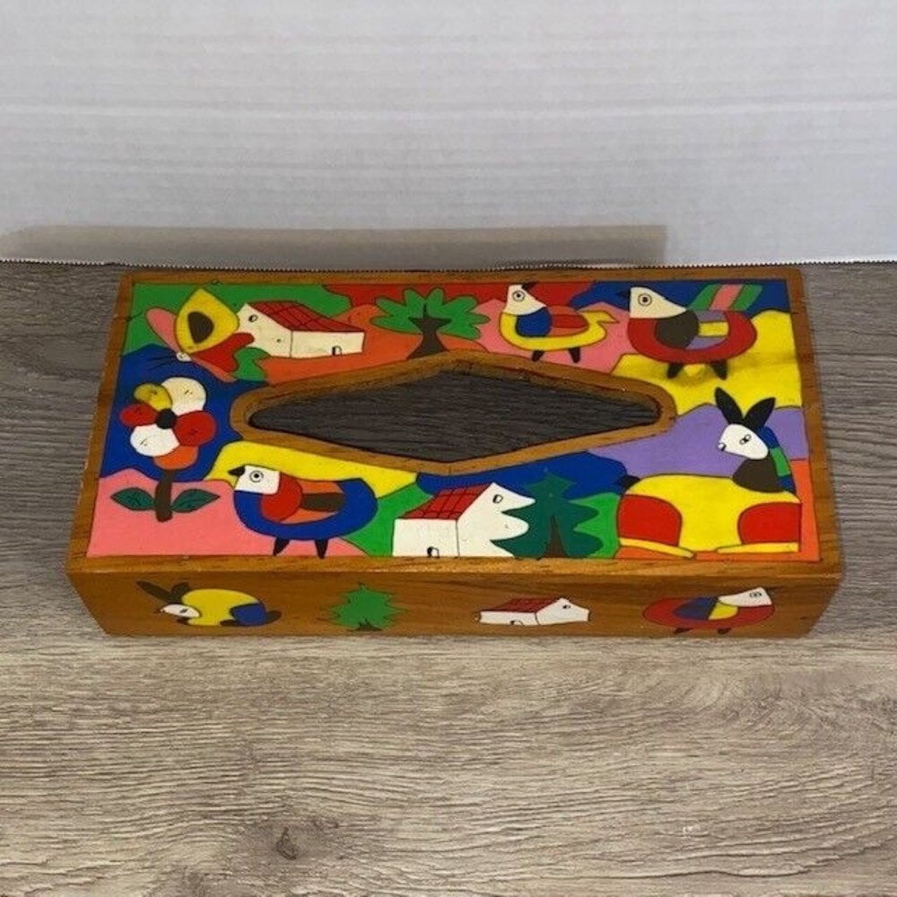 Handmade Painted Wooden Tissue Box Holder Folk Art Colorful Birds Alpaca Floral